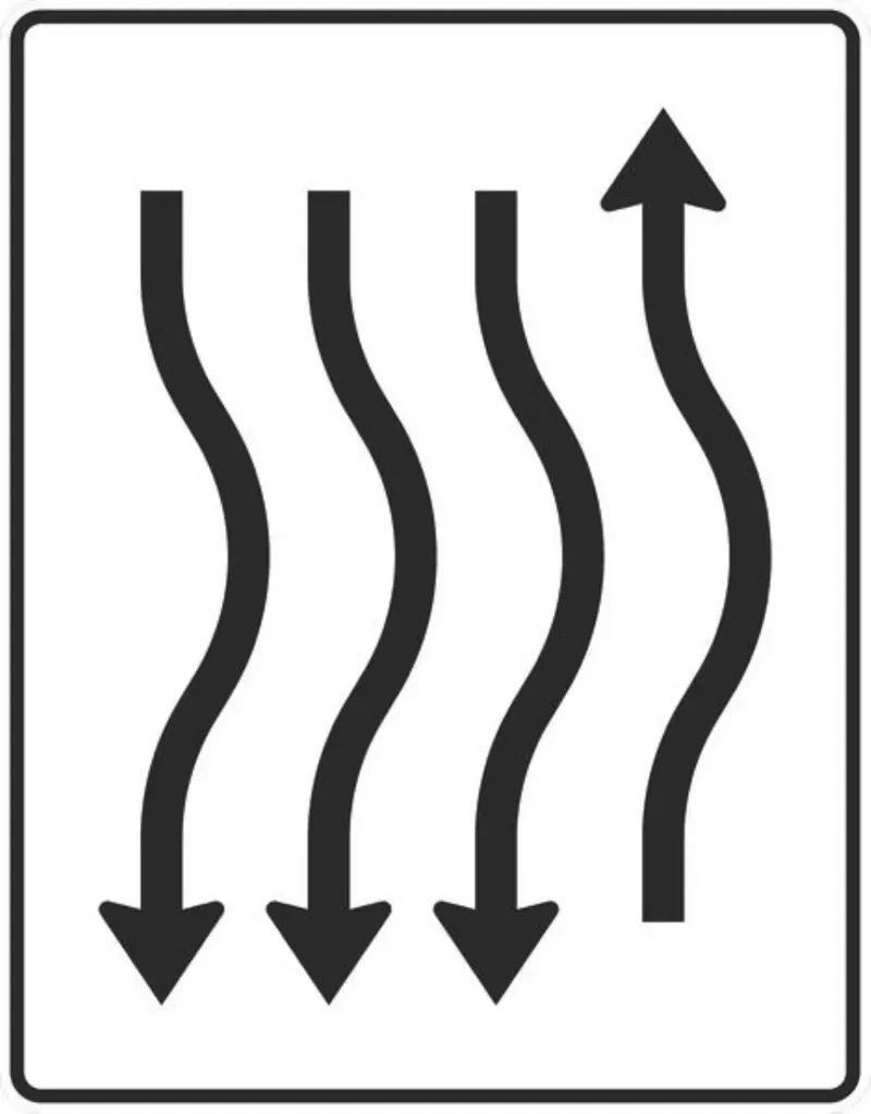 Verkehrszeichen VZ514-26 Verschwenkungstafel kurze Verschwenkung mit Gegenverkehr nach rechts 1-streifig in Fahrtrichtung und 3-streifig in Gegenrichtung