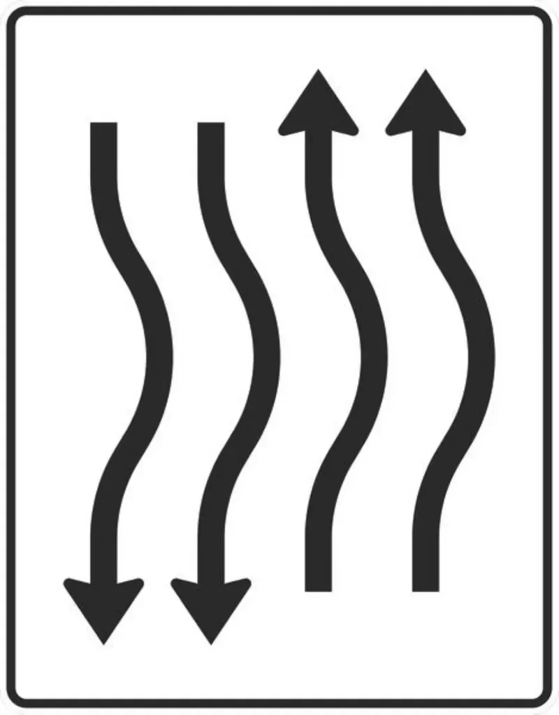 Verkehrszeichen VZ514-24 Verschwenkungstafel kurze Verschwenkung mit Gegenverkehr nach rechts 2-streifig in Fahrtrichtung und 2-streifig in Gegenrichtung