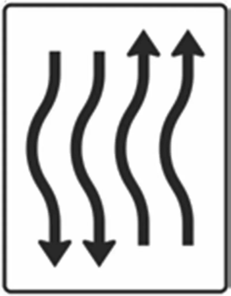 Verkehrszeichen VZ514-14 Verschwenkungstafel kurze Verschwenkung mit Gegenverkehr nach links 2-streifig in Fahrtrichtung und 2-streifig in Gegenrichtung