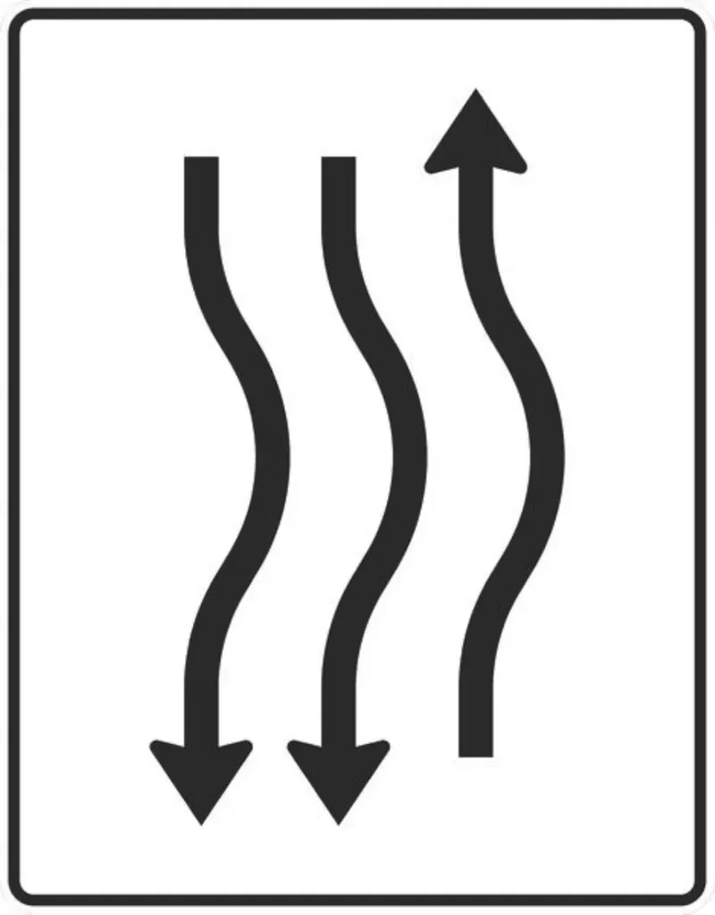 Verkehrszeichen VZ514-23 Verschwenkungstafel kurze Verschwenkung mit Gegenverkehr nach rechts 1-streifig in Fahrtrichtung und 2-streifig in Gegenrichtung