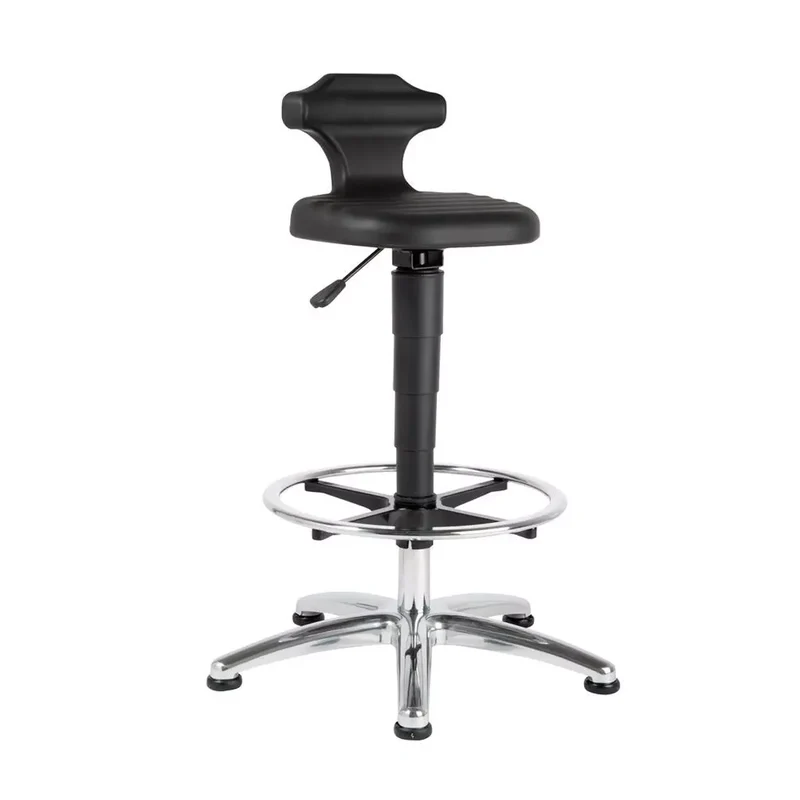 ESD Arbeitshocker mit Gleitern+Ring, Sitzfläche aus schwarzem PU-Schaum, Sitz Höhe 510-780mm, Fußring höhenverstellbar