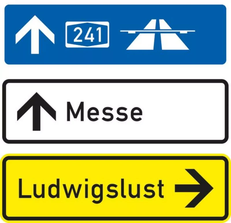 Verkehrszeichen VZ434-53 Tabellenwegweiser, aufgelöste Form