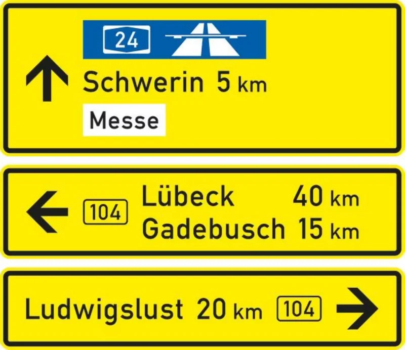 Verkehrszeichen VZ434-51 Tabellenwegweiser, teilaufgelöste Form