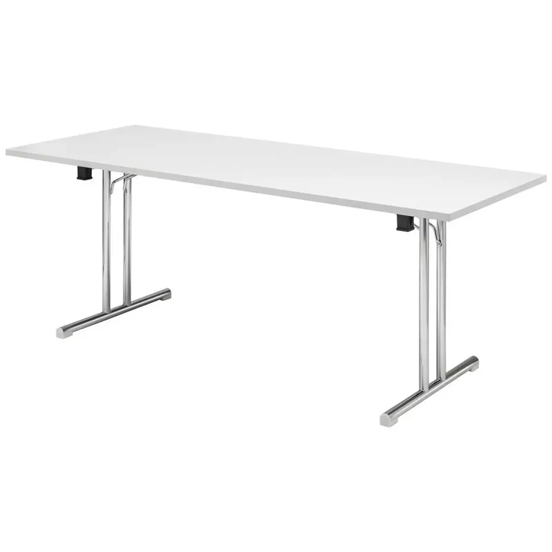 Klapptisch, BxTxH 1800x700x720mm, T-Fuß-Gestell verchromt,gerade Kufen, melaminharzbesch. Platte lichtgrau