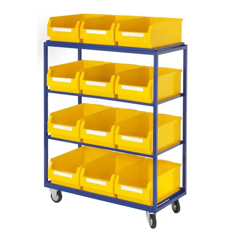 Beistell- und Kommissionierwagen, LxBxH 1015x485x1315 mm, 4gerade Böden, 12 Kästen Gr. 2gelb, Traglast 230 kg