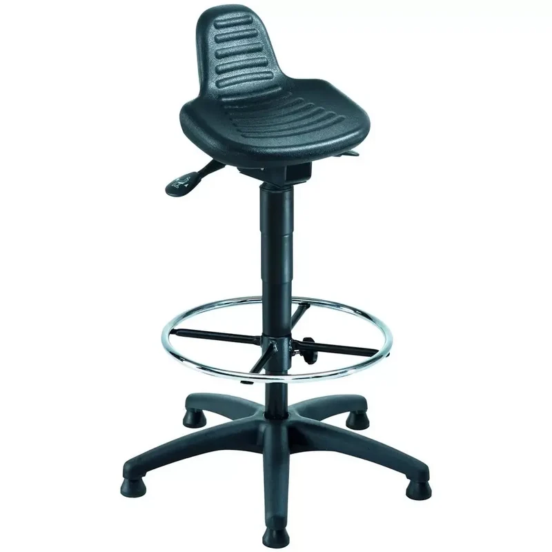 Arbeitshocker mit Bodengleitern, Sitzfläche aus schwarzem PU-Schaum, mit Fußring, Sitz Höhe 610-860 mm