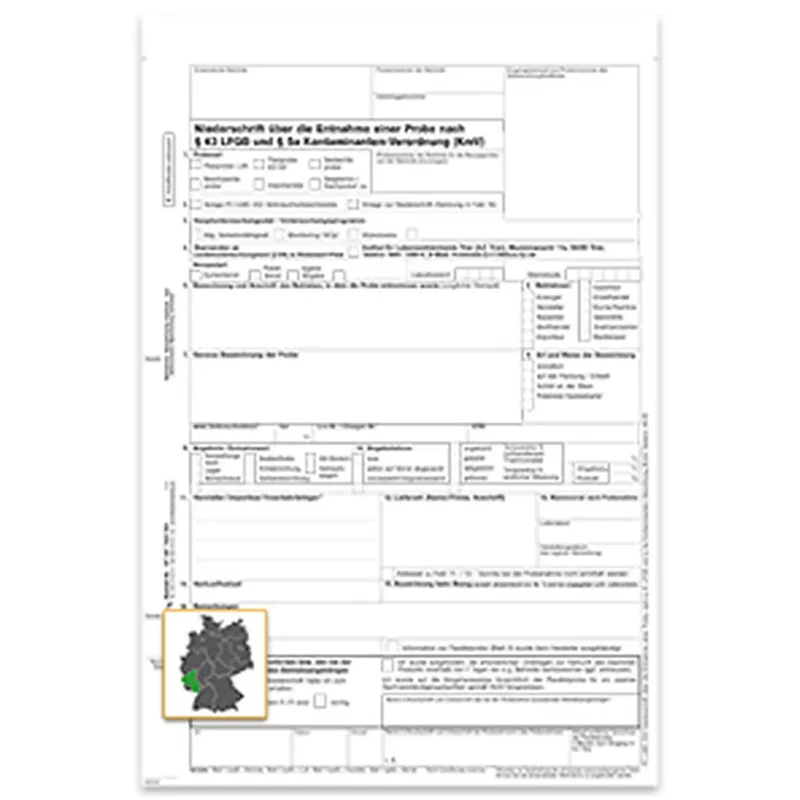 Lebensmittel-Probenahmeniederschrift, § 43 LFGB und § 5a Kontaminanten-Verordnung (KmV) A4, 4fach, SD
