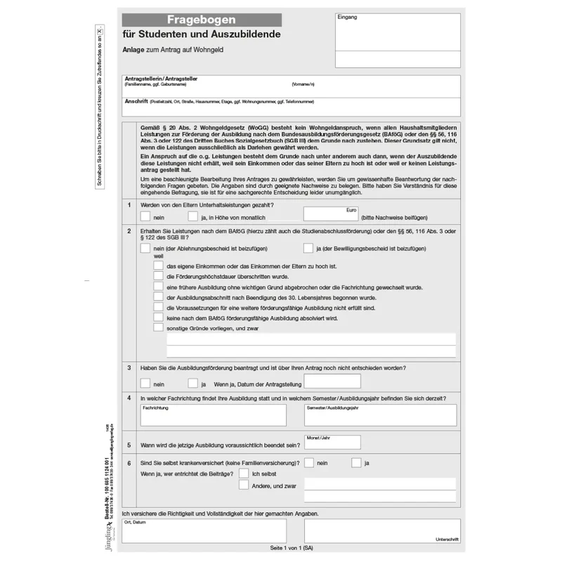 Fragebogen für Studenten und Auszubildende (Anlage zum Antrag auf Wohngeld), A4