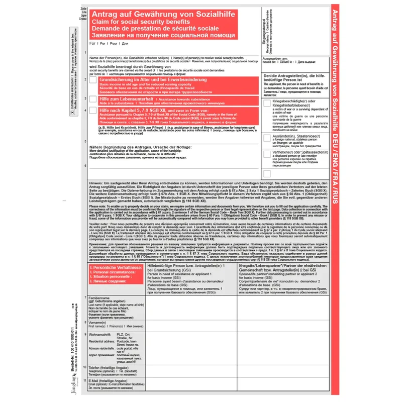 Antrag auf Gewährung von Sozialhilfe, Deutsch-Englisch-Französisch-Russisch, A4 16-seitig
