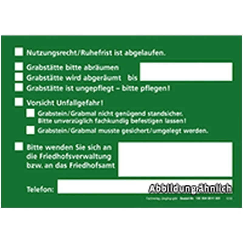 Aufkleber mit diversen Hinweisen/Aufforderungen an den Nutzungsberechtigen (zum Ankreuzen), selbstklebend, 152x109, grün