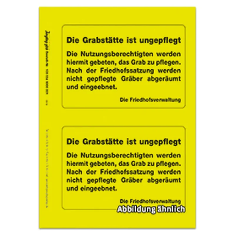 Grabstätte ist ungepflegt, Aufkleber sk, 105 x 74, gelb (1 Bogen = 2 Stück)