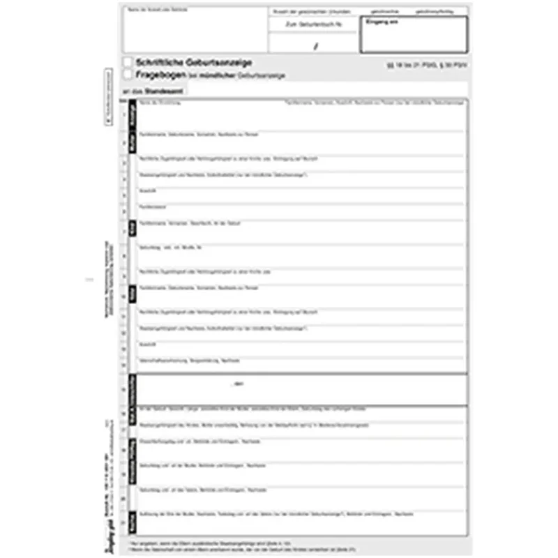Schriftliche Geburtsanzeige gemäß PStG mit Namenserklärung, A4