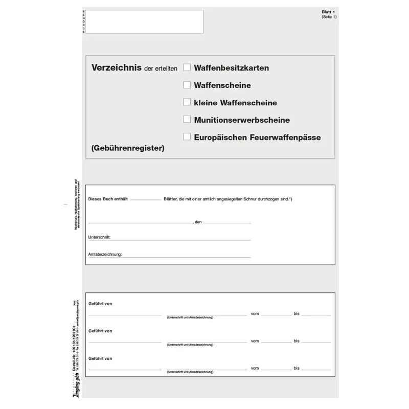 Verzeichnis waffenrechtlicher Erlaubnisse - Titelbogen, A4, 4-seitig