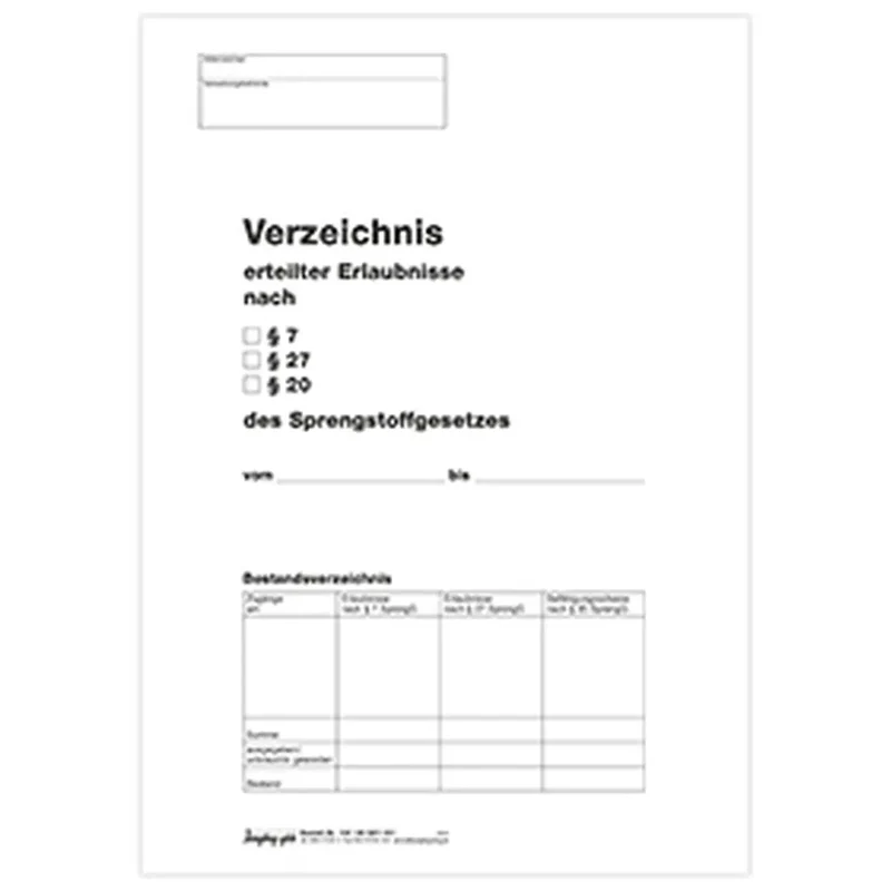 Verzeichnis sprengstoffrechtliche Erlaubnisse - Titelbogen, A4