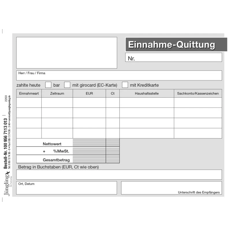 Quittung für mehrere Forderungen mit MwSt, mit laufender Nummer, mit Haushaltsstelle, Block, A6, 50 Satz, 3-fach