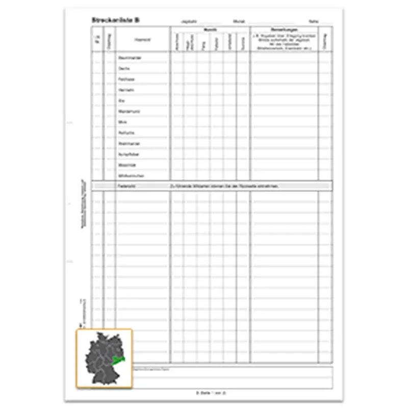 Streckenliste B, A4 2seitig