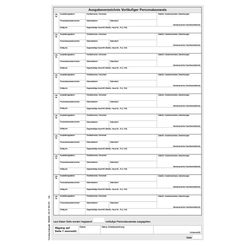 Bestands- und Ausgabeverzeichnis Vorläufiger Personalausweis - Einlagebogen, A4, 4-seitig