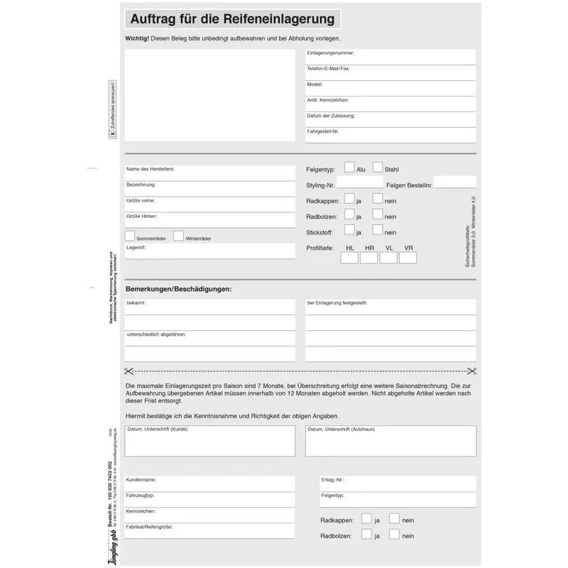 Auftrag, Reifeneinlagerung, A4, 2fach, 25 Satz