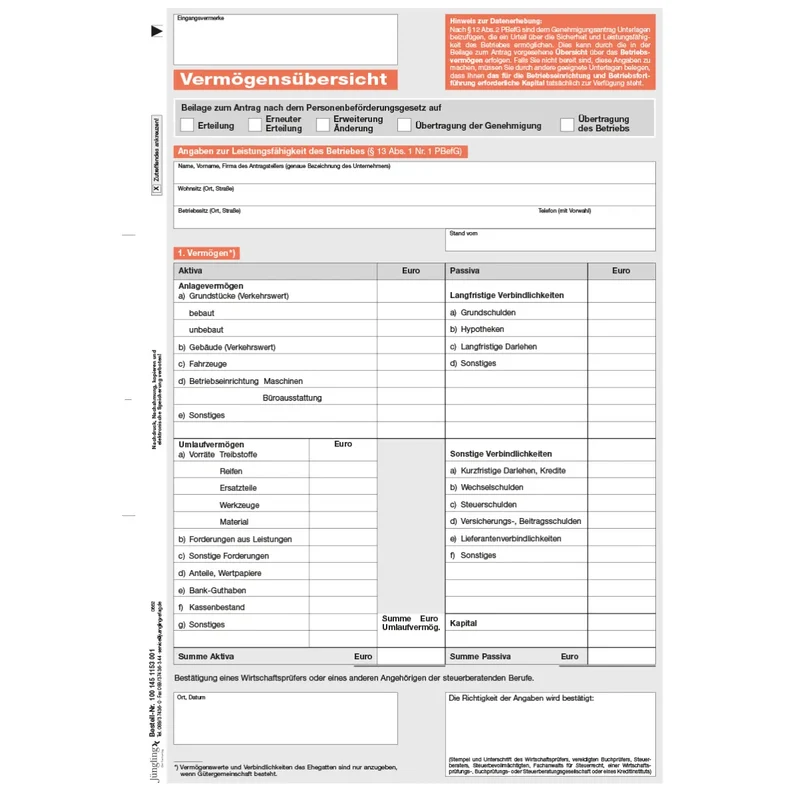 Vermögensübersicht PBefG, A4, 1-fach