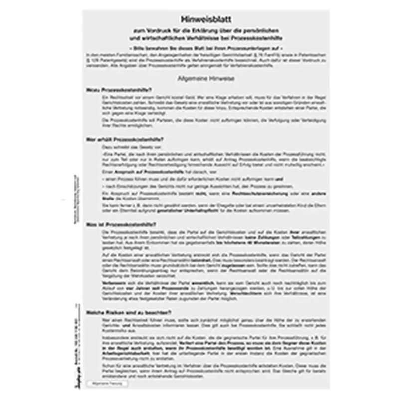 Erklärung über die persönlichen und wirtschaftlichen Verhältnisse bei PKH und VKH, gemäß Reform Prozesskostenhilfe und Verfahrenskostenhilfe, Pack a 50 Stück