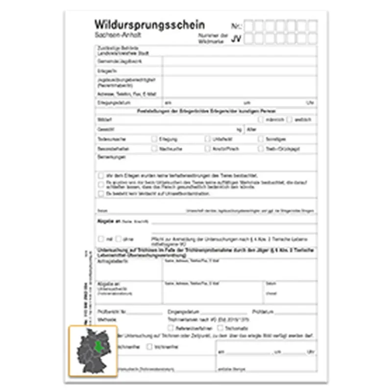 Wildursprungsschein (neu VO (EU) 2015/1375), A5 4-fach SD, 1 Block