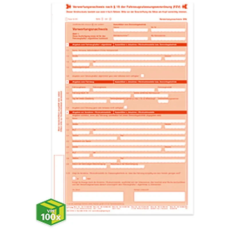 Verwertungsnachweis Altauto nach Anlage 8 zu § 15 der FZV, A4, 8 Blatt, Einzelblatt SD, laserdruckergeeignet (2019), VKE à 100 Satz, 1 Satz