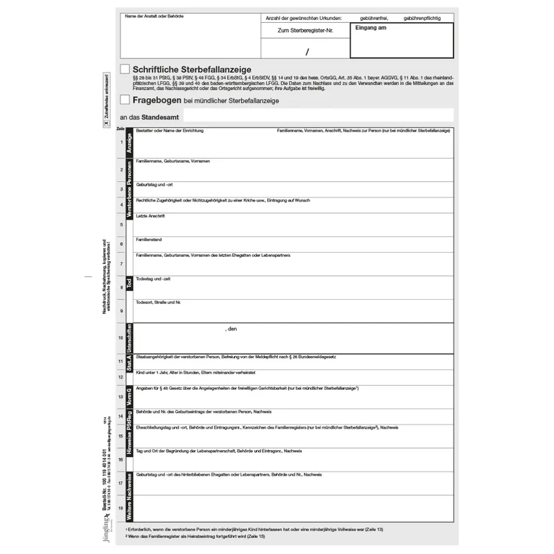 Kopierschutzpapier Schriftliche Sterbefallanzeige gemäß PStG, A4