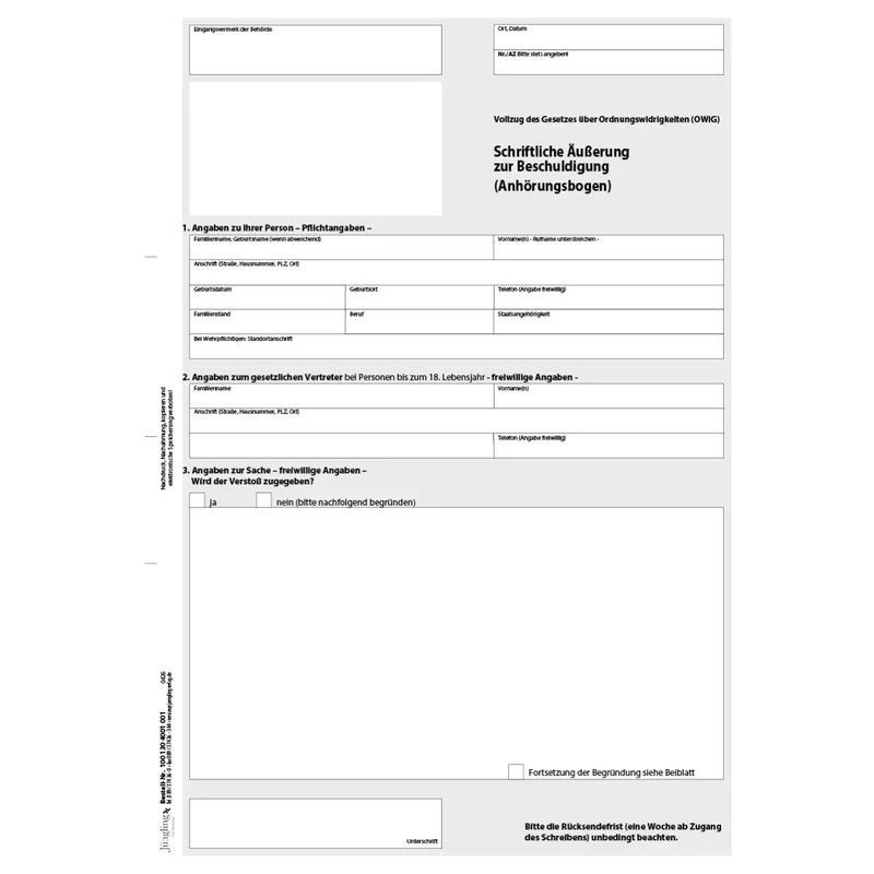 Schriftliche Äußerung zur Beschuldigung (Anhörungsbogen), A4