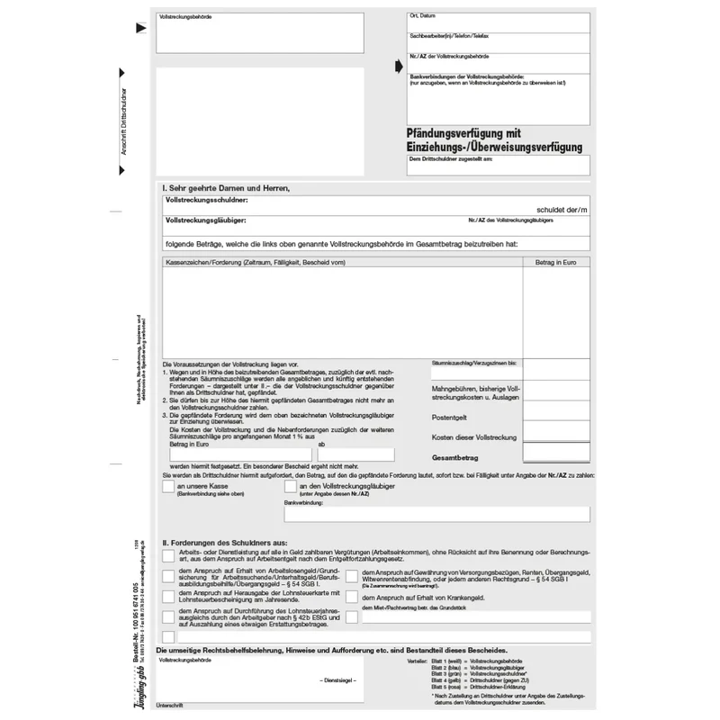 Pfändungs- und Überweisungsverfügung Lohnpfändung, A4 5-fach