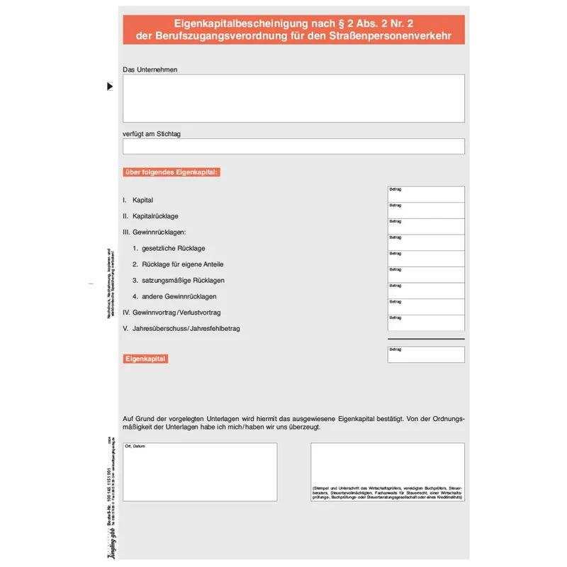 Eigenkapitalbescheinigung nach § 2 Abs.2 der Berufszugangsverordnung (PBZugV), A4