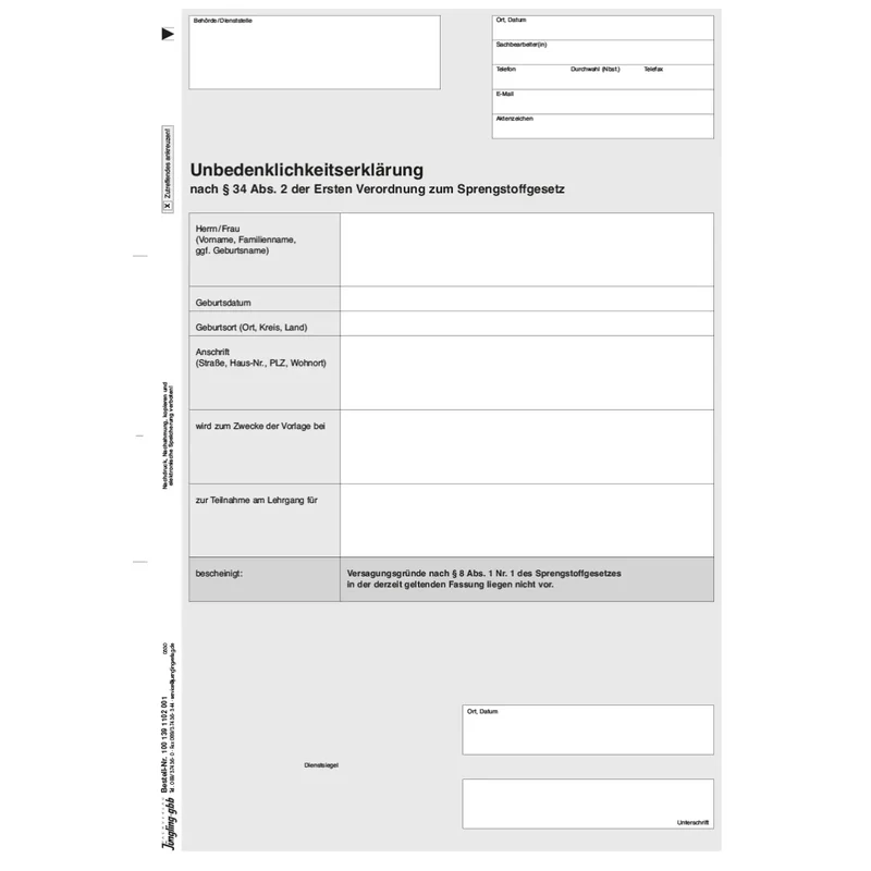 Unbedenklichkeitsbescheinigung SprengG, A4