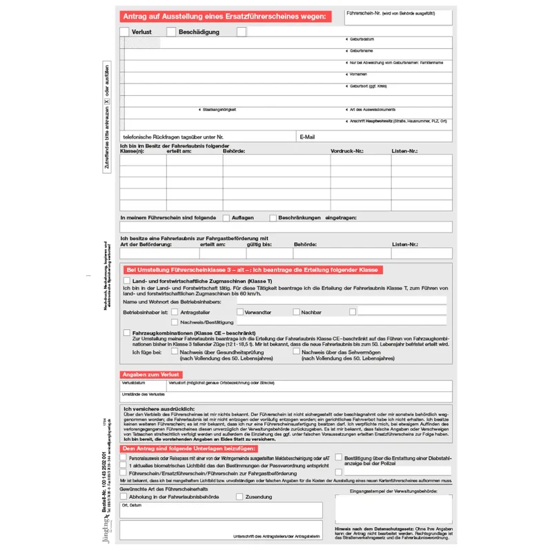 Antrag auf Ausstellung eines Ersatzführerscheins wegen Verlust / Beschädigung, A4, 4-seitig