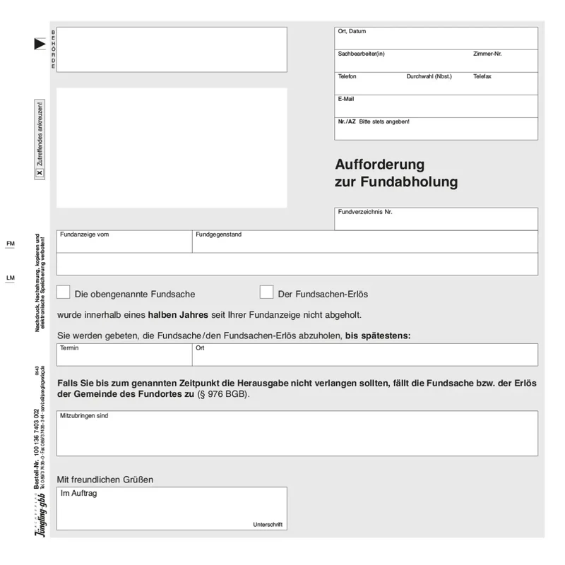 Aufforderung Fundabholung an Finder, 2/3 DIN A4, 2-fach SD