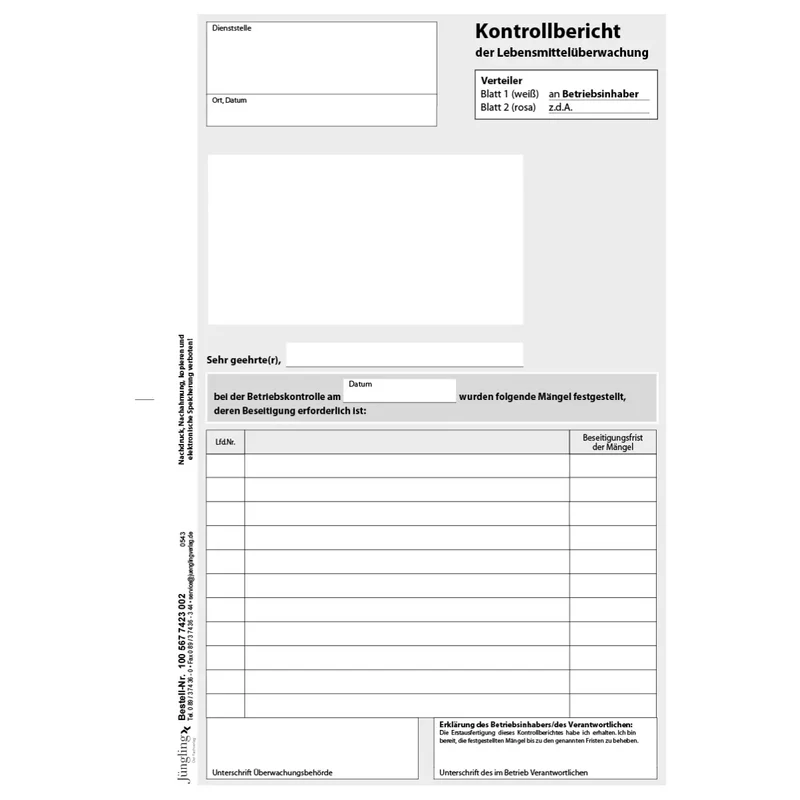 Kontrollbericht der Lebensmittelüberwachung, A5 2-fach, SD