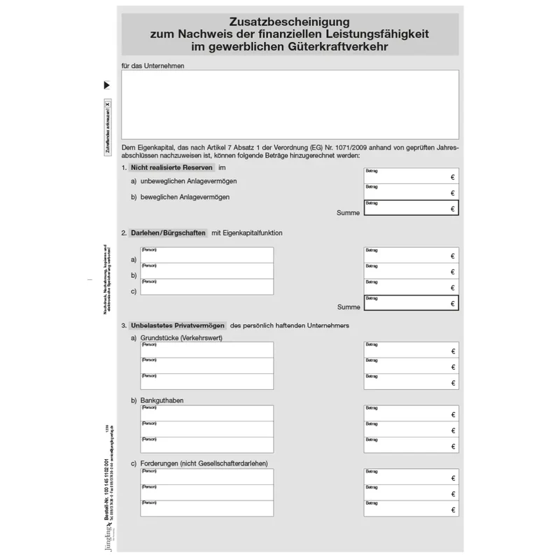 Zusatzbescheinigung zum Nachweis der finanziellen Leistungsfähigkeit im gewerblichen Güterkraftverkehr, A4