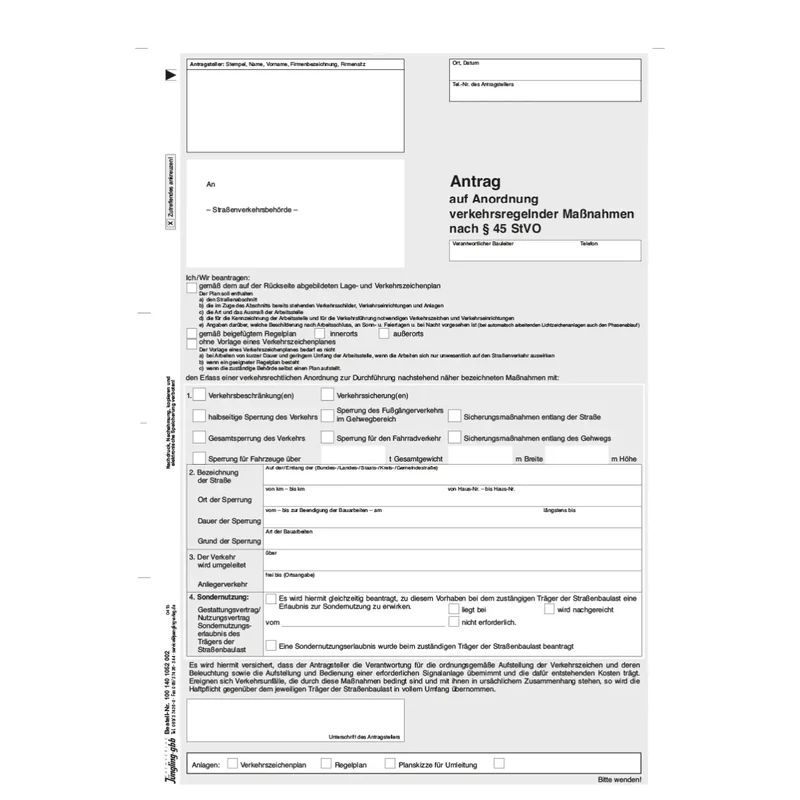 Antrag auf Anordnung verkehrsregelnder Maßnahmen nach § 45 StVO, A4, 2-fach SD