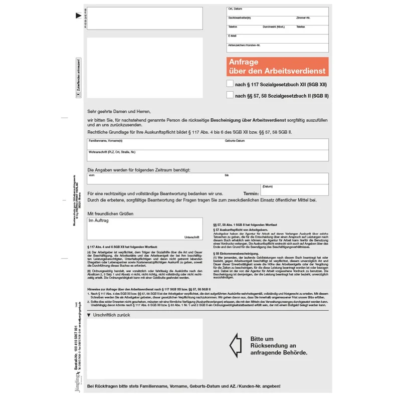 Anfrage über den Arbeitsverdienst mit Einkommensbescheinigung, DIN A4, 2-seitig