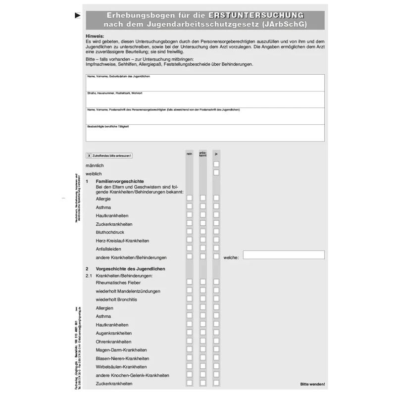 Erhebungsbogen Jugendarbeitsschutzgesetz Erstuntersuchung, A4