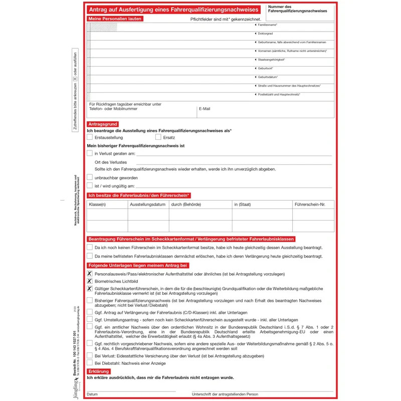 Antrag auf Ausfertigung eines Fahrerqualifizierungsnachweises