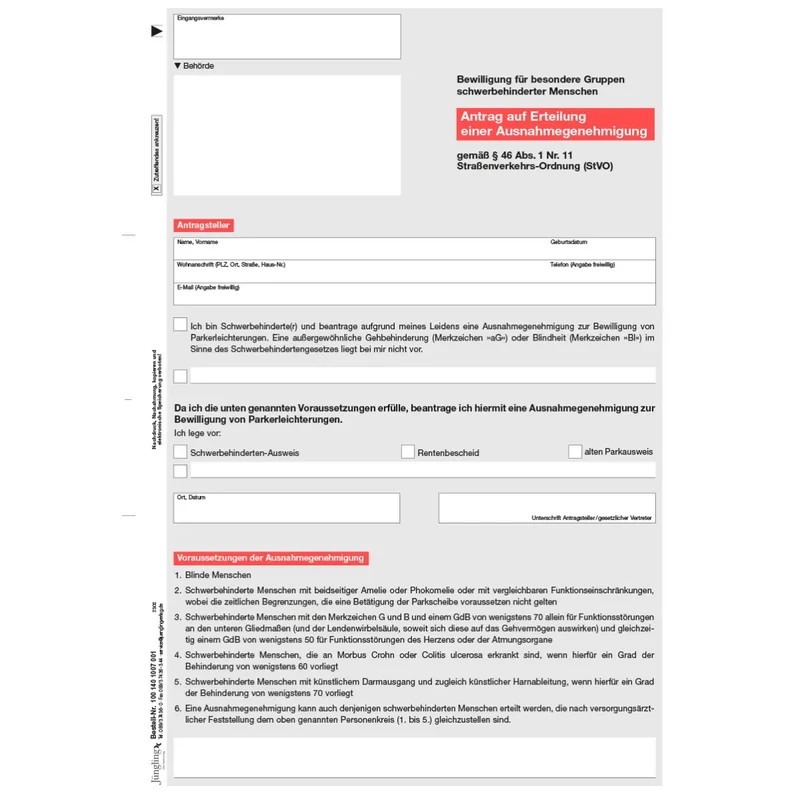 Antrag auf Erteilung einer Ausnahmegenehmigung gem. § 46 Abs. 1 Nr. 11 für besondere Gruppen Schwerbehinderter, A4