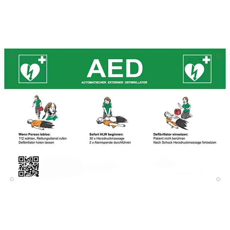 AED-Notfallschild mit Rettungshinweisen zur Montage über Wandkasten