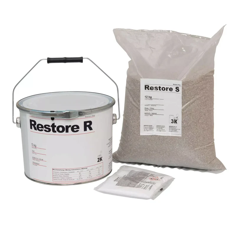 Restore Bodenreparatur-System für Beton, Asphalt, Estrich, Dreikomponenten-Gemisch (12 kg Quarzsand (Füllstoff), 5 kg Bindemittel und 0,2 kg Härter)