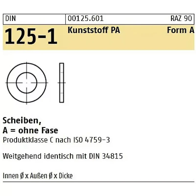 Unterlegscheibe DIN 125, M6, Form A, ohne Fase, Kunststoff - 6,4x12x1,6 mm – VPE 200