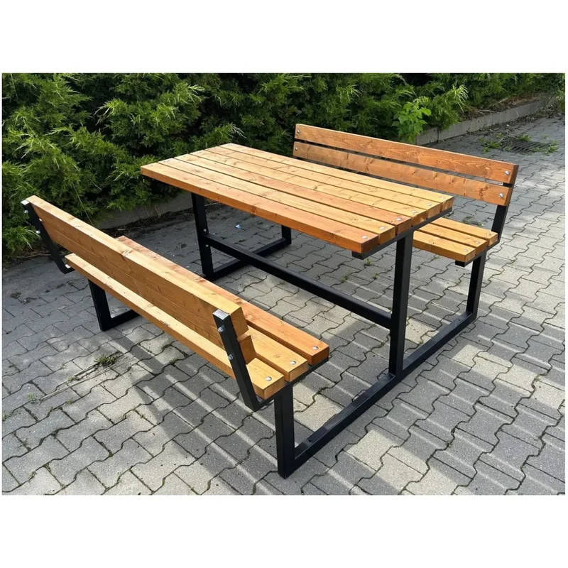 Picknicktisch Senior II 150 cm, mit Rückenlehne, helle eiche, Gestell schwarz RAL 9005
