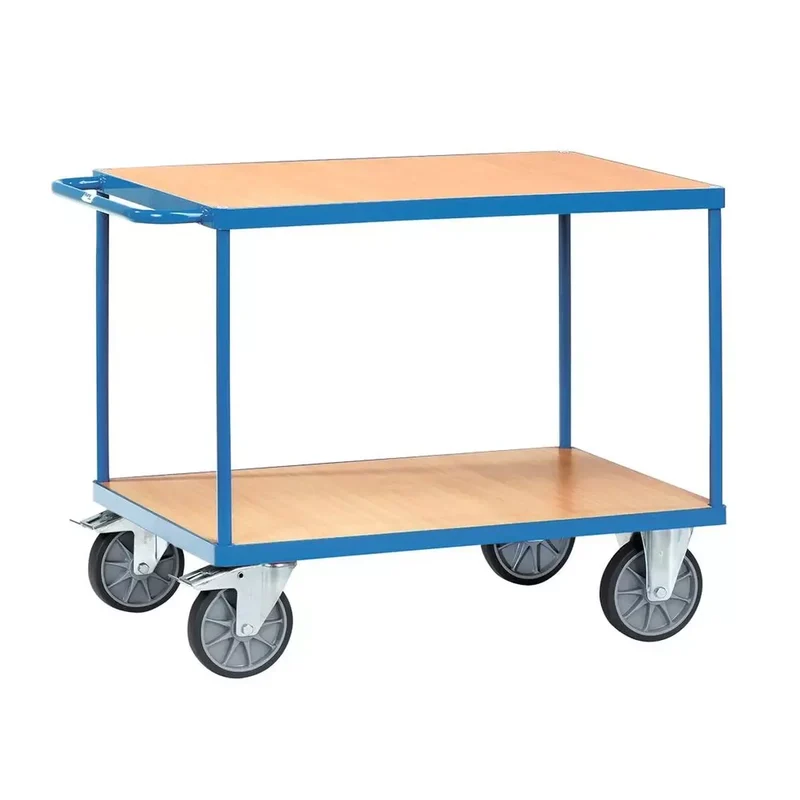 Tischwagen, 2 Ladeflächen LxB1200x800 mm, Außenmaße LxBxH 1397x809x900 mm, Traglast 600 kg, RAL 5007 brillantblau