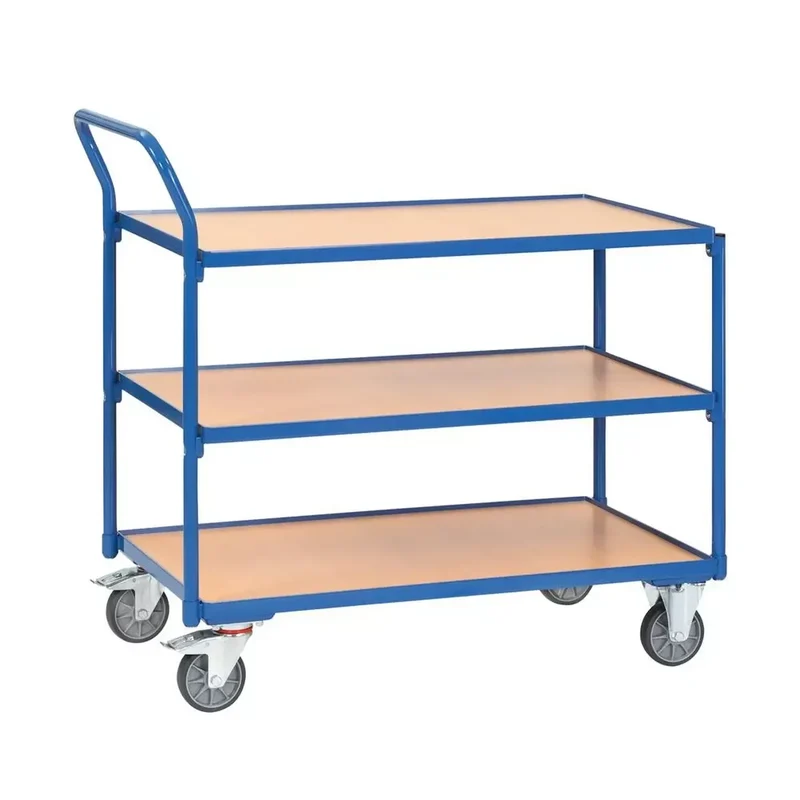 Tischwagen, 3 Ladeflächen LxB1000x600 mm, Außenmaße LxBxH 1135x600x1040 mm, senkrechter Schiebegriff, Traglast 300 kg,