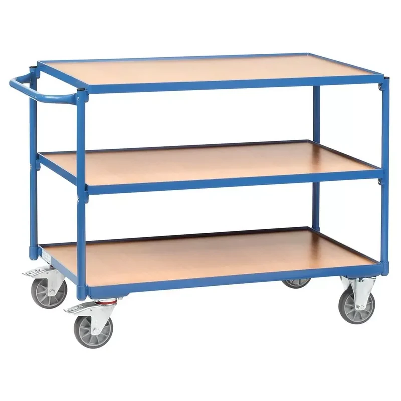 Tischwagen, 3 Ladeflächen LxB850x500 mm, Außenmaße LxBxH 1020x500x830 mm, waagerechter Schiebegriff, Traglast 300 kg, R
