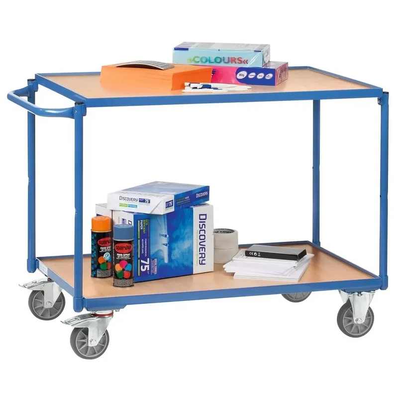 Tischwagen, 2 Ladeflächen LxB850x500 mm, Außenmaße LxBxH 1020x500x830 mm, waagerechter Schiebegriff, Traglast 300 kg, R