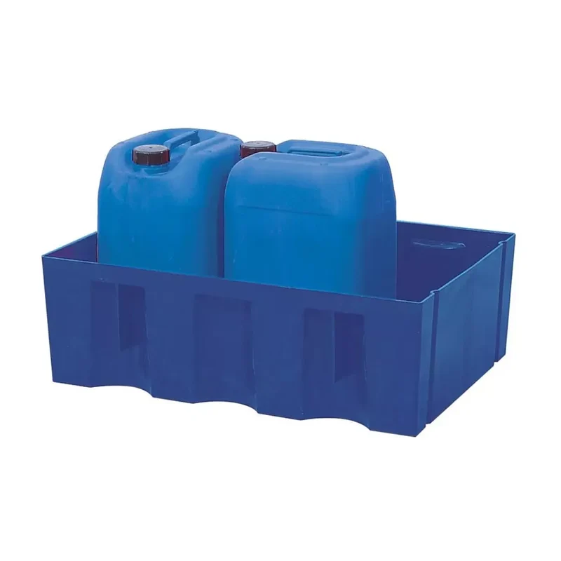 Auffangwanne aus Polyethylen, flache Ausführung, ohne Gitterrost, Auffangvolumen 60 l, BxTxH 725x525x235 mm, blau