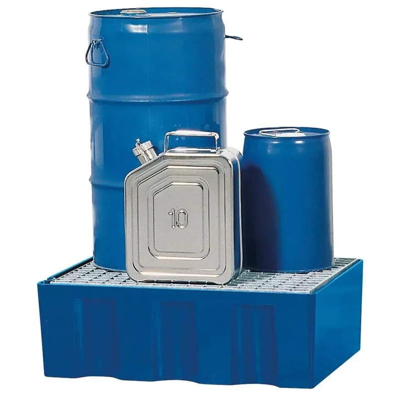Auffangwanne aus Polyethylen, flache Ausführung, mit verzinktem Gitterrost, Auffangvolumen60 l, BxTxH 725x525x235 mm, b
